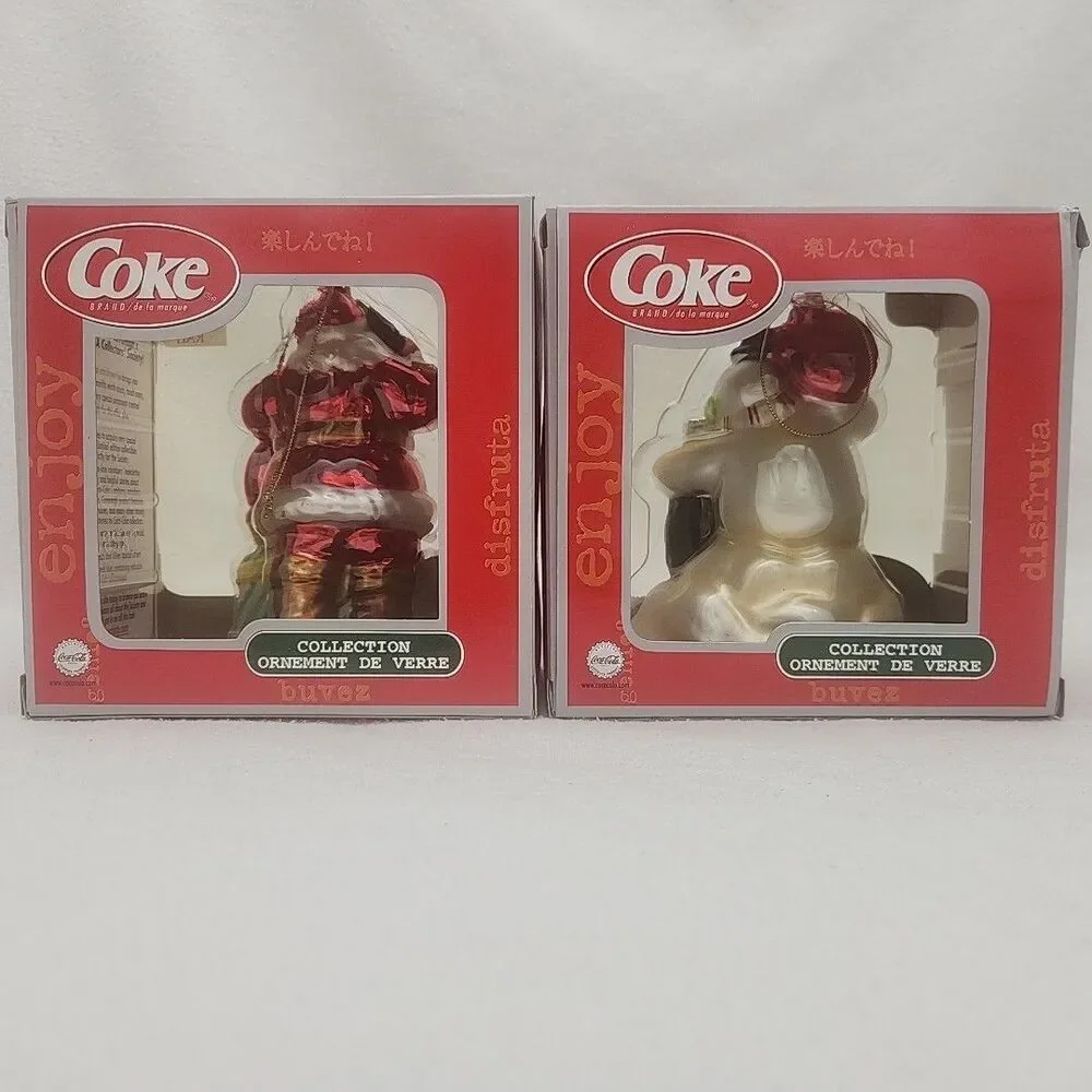Ornament Coca Cola Blown Glass Snowman Santa Christmas Cavanaugh Set Of 2